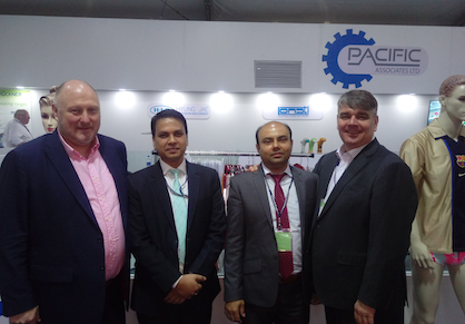 Fig. from left to right: Mark Smith from KARL MAYER, Ujjal Sen and Imran Mohaiminul from Pacific Associates, and Peter Frise from KARL MAYER (H.K.) during the DTG Bangladesh (c) 2018 KARL MAYER Fig. from left to right: Mark Smith from KARL MAYER, Ujjal Sen and Imran Mohaiminul from Pacific Associates, and Peter Frise from KARL MAYER (H.K.) during the DTG Bangladesh (c) 2018 KARL MAYER