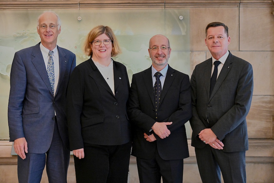 The new President Fritz A. Grobien (left), Vice-President Stephanie Silber, outgoing President Jean-Paul Haessig and Vice-President Jens D. Lukaczik © 2025 Bremen Cotton Exchange The new President Fritz A. Grobien (left), Vice-President Stephanie Silber, outgoing President Jean-Paul Haessig and Vice-President Jens D. Lukaczik © 2025 Bremen Cotton Exchange