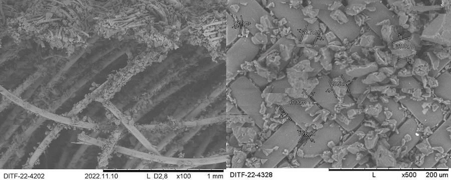 Left: Filter cake structure on 3D warp-knitted fabric cross-section, upstream side. Right: Microplastic particles on filter-woven fabric, upstream side. Images © 2026 DITF