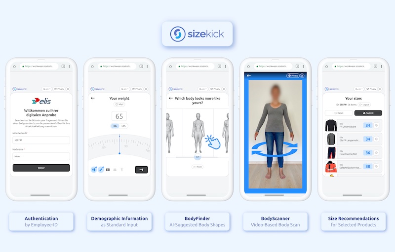 An innovative web application now enables independent, flexible, and digital fitting when selecting workwear. By using Sizekick's AI-based technology, which the start-up developed together with Hohenstein, the textile service provider Elis is offering its customers personalised size recommendations based on individual body measurements for the first time. ©Sizekick