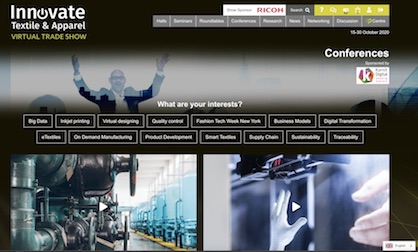 Screenshot conference site at Innovate Textile & Apparel virtual trade show (c) 2020 WTIN Screenshot conference site at Innovate Textile & Apparel virtual trade show (c) 2020 WTIN