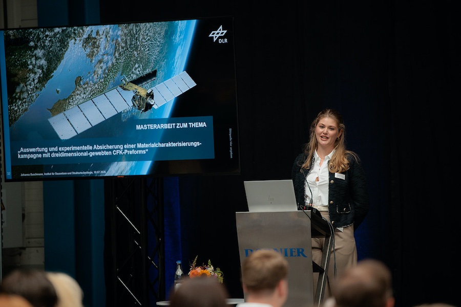 Johanna Buschmann, M.Sc., received the 2026 Peter Dornier Foundation Award for her master’s thesis at DLR on the higher impact tolerance of 3D woven fabrics compared with 2D laminates in aviation applications © 2026 Lindauer DORNIER