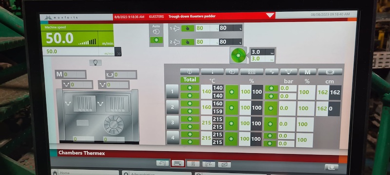 The modernisation project included new control cabinets, gear motors for the fabric transport drives and PC, PLC control, touch panels and frequency inverters © 2024 Monforts