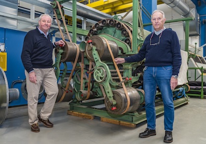 Fred Vohsdahl (left) and Walter Dresen with the103-year-old Monforts machine (c) 2021 Monforts Fred Vohsdahl (left) and Walter Dresen with the103-year-old Monforts machine (c) 2021 Monforts
