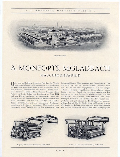 An 1927 advertisement for Monforts with the raising machine depicted bottom left (c) 2021 Monforts An 1927 advertisement for Monforts with the raising machine depicted bottom left (c) 2021 Monforts