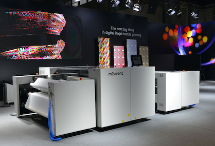 An output of up to 200 sqm/h, an optical resolution of 2000 dpi, up to 16 g/sqm of ink in a single pass and extremely compact design make the Mouvent TX801 a digital textile printer cut from a different cloth (c) 2017 Mouvent