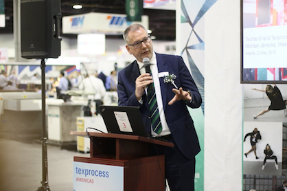 Michael Jaenecke, Global Director of Brand Management for Technical Textiles & Textile processing at Messe Frankfurt gave a speech at the show (c) 2018 Messe Frankfurt Michael Jaenecke, Global Director of Brand Management for Technical Textiles & Textile processing at Messe Frankfurt gave a speech at the show (c) 2018 Messe Frankfurt