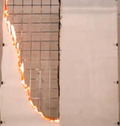 Test combustion of paper with (right) and without Landex Coat Flame Retardant Clear treatment (c) 2017 Teijin Test combustion of paper with (right) and without Landex Coat Flame Retardant Clear treatment (c) 2017 Teijin
