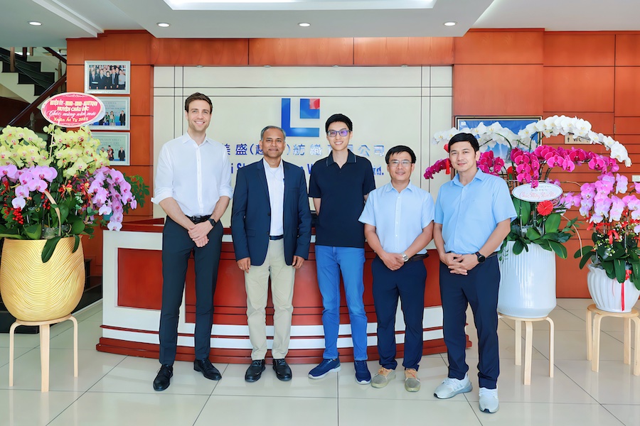 The Trützschler team visited Adrian Song (Vice Chairman of Mei Sheng, center) at the company’s factory in Ba Ria Vung Tau province, Vietnam. From left to right: Benjamin Mund (Regional Sales Manager at Trützschler), Umesh Kalyanappa (Managing Director of Trützschler Vietnam), Nguyen van Hieu (Sales Engineer for Trützschler’s local service agency, Tam Lien) and Nguyen Huy Hoang (Director of Tam Lien). © 2025 Trützschler The Trützschler team visited Adrian Song (Vice Chairman of Mei Sheng, center) at the company’s factory in Ba Ria Vung Tau province, Vietnam. From left to right: Benjamin Mund (Regional Sales Manager at Trützschler), Umesh Kalyanappa (Managing Director of Trützschler Vietnam), Nguyen van Hieu (Sales Engineer for Trützschler’s local service agency, Tam Lien) and Nguyen Huy Hoang (Director of Tam Lien). © 2025 Trützschler