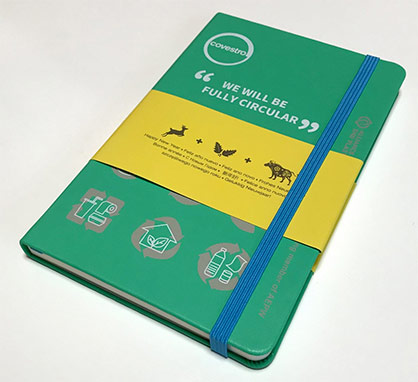 For the covers of its classic notebooks, Moleskine® relies on Covestro's aqueous INSQIN® polyurethane (PU) technology for textile coating with partially bio-based raw materials. © Covestro For the covers of its classic notebooks, Moleskine® relies on Covestro's aqueous INSQIN® polyurethane (PU) technology for textile coating with partially bio-based raw materials. © Covestro