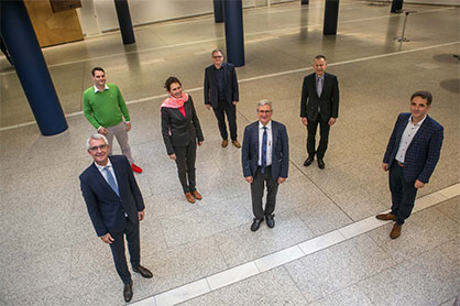 Chairs of the second day of the event (from left: Götz T. Gesser, DITF, Fabian Schreiber, TITV, Heike Illing-Günther, STFI, Christoph Riethmüller, DITF, Michael Doser, DITF, Ansgar Paschen, TFI, Andrij Pich, DWI. Not in the picture: Thomas Fischer, DITF). Photo: DITF Chairs of the second day of the event (from left: Götz T. Gesser, DITF, Fabian Schreiber, TITV, Heike Illing-Günther, STFI, Christoph Riethmüller, DITF, Michael Doser, DITF, Ansgar Paschen, TFI, Andrij Pich, DWI. Not in the picture: Thomas Fischer, DITF). Photo: DITF
