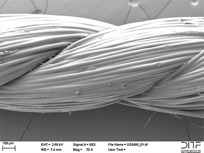 PA6.6-yarn with bonding agent made of HMF (SEM-image). Photo: DITF PA6.6-yarn with bonding agent made of HMF (SEM-image). Photo: DITF