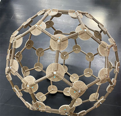 Final structure as buckyball with the developed nodes and pultrusion profiles. Photo: Carsten Fulland, Zenvision Final structure as buckyball with the developed nodes and pultrusion profiles. Photo: Carsten Fulland, Zenvision