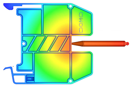 Injection filling simulation performed on electric parts. © 2022 Injection filling simulation performed on electric parts. © 2022