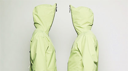 The green color of the jacket shows that recycled materials had been incorporated. Image: Schoeller Textil AG The green color of the jacket shows that recycled materials had been incorporated. Image: Schoeller Textil AG
