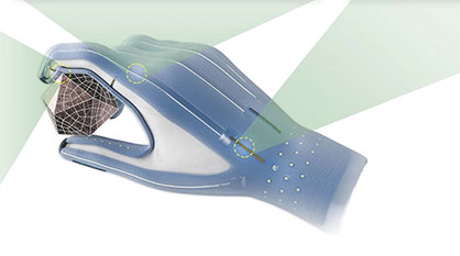 The next-generation VR glove will make virtual worlds tangible. Illustration: Herbert Shea, EPFL (2021) The next-generation VR glove will make virtual worlds tangible. Illustration: Herbert Shea, EPFL (2021)
