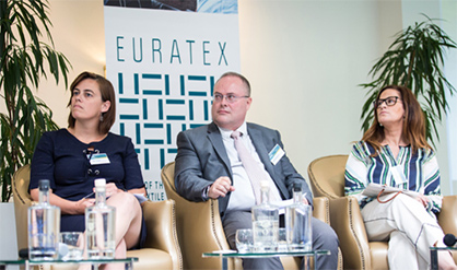 Guest speakers from Panel 2: Anneleen De Smet (Beaulieu International Group, Belgium), Jean-Luc Barbarin (Innothera , France) and Elsa Parente (Valérius, Portugal) (c) 2018 EURATEX Guest speakers from Panel 2: Anneleen De Smet (Beaulieu International Group, Belgium), Jean-Luc Barbarin (Innothera , France) and Elsa Parente (Valérius, Portugal) (c) 2018 EURATEX