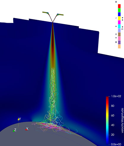 © Fraunhofer ITWM
Simulation der Filamente im Meltblown-Produktionsprozess. © Fraunhofer ITWM
Simulation der Filamente im Meltblown-Produktionsprozess.