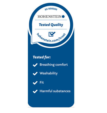 The Hohenstein Quality Label for Tested Community Masks makes the quality and durability of the products visible. © Hohenstein The Hohenstein Quality Label for Tested Community Masks makes the quality and durability of the products visible. © Hohenstein