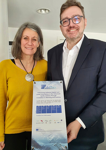 The aim of the EU project Addtex is to promote innovative teaching and learning in the European textile industry. Together with eleven other partners, the IVGT e.V. took part in the second Addtex Meeting at CITEVE, Portugal. In the picture: Iris Schlomski and Stefan Schmidt, both IVGT e.V. © 2023 IVGT