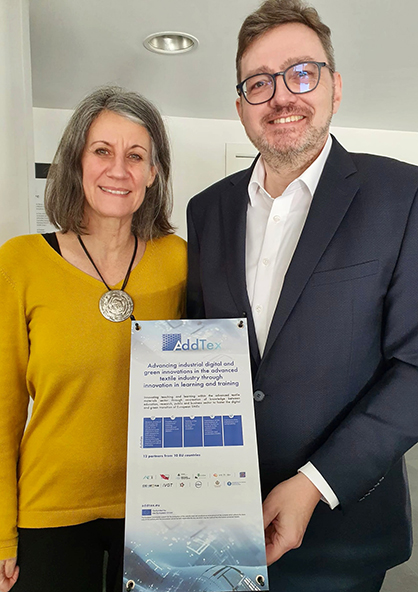 The aim of the EU project Addtex is to promote innovative teaching and learning in the European textile industry. Together with eleven other partners, the IVGT e.V. took part in the second Addtex Meeting at CITEVE, Portugal. In the picture: Iris Schlomski and Stefan Schmidt, both IVGT e.V. © 2023 IVGT The aim of the EU project Addtex is to promote innovative teaching and learning in the European textile industry. Together with eleven other partners, the IVGT e.V. took part in the second Addtex Meeting at CITEVE, Portugal. In the picture: Iris Schlomski and Stefan Schmidt, both IVGT e.V. © 2023 IVGT