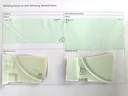Comparative molding results of fabrics with and without Lenzing's mitigating yellowing processing solution © 2023 Lenzing Comparative molding results of fabrics with and without Lenzing's mitigating yellowing processing solution © 2023 Lenzing