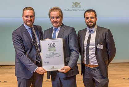 Pic: Franz Untersteller (centre), Baden-Württemberg’s Minister for the Environment, Climate Protection and the Energy Sector, presents the award to Marcus Mayer, Managing Director of Mayer & Cie. (left), and Heiko Hämmerle, head of plant technology at Mayer & Cie. Photo credit: Stefan Longin Pic: Franz Untersteller (centre), Baden-Württemberg’s Minister for the Environment, Climate Protection and the Energy Sector, presents the award to Marcus Mayer, Managing Director of Mayer & Cie. (left), and Heiko Hämmerle, head of plant technology at Mayer & Cie. Photo credit: Stefan Longin