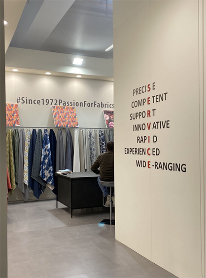 One of Dino Zoli's latest textile collections showcased at the company's booth at Heimtextil 2023 in Frankfurt © 2023 Mimaki One of Dino Zoli's latest textile collections showcased at the company's booth at Heimtextil 2023 in Frankfurt © 2023 Mimaki