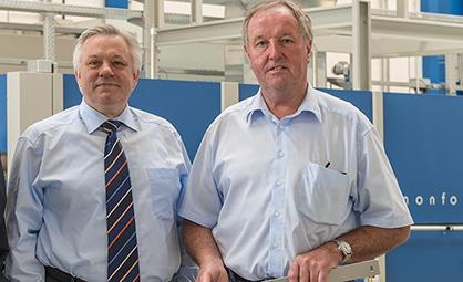 Monforts Head of Technical Textiles Jürgen Hanel (left) with ATC manager Fred Vohsdal, who has now worked for the company for 51 years and has a wealth of accumulated know-how to share with customers (c) 2020 Monforts Monforts Head of Technical Textiles Jürgen Hanel (left) with ATC manager Fred Vohsdal, who has now worked for the company for 51 years and has a wealth of accumulated know-how to share with customers (c) 2020 Monforts