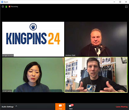 Kingpins24 opened with live links between Amsterdam, Los Angeles and Texas and continued to make connections across five continents over its two-day stream. (c) 2020 Monforts Kingpins24 opened with live links between Amsterdam, Los Angeles and Texas and continued to make connections across five continents over its two-day stream. (c) 2020 Monforts