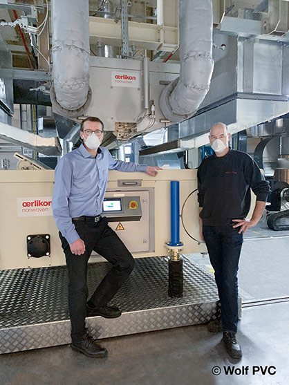 Markus Seele, COO Wolf PVG, and Andreas Schnell, Head of Nonwoven Production Wolf PVG, trust in the meltblown technology from Oerlikon Nonwoven. © 2021 Wolf PVC / Oerlikon Markus Seele, COO Wolf PVG, and Andreas Schnell, Head of Nonwoven Production Wolf PVG, trust in the meltblown technology from Oerlikon Nonwoven. © 2021 Wolf PVC / Oerlikon