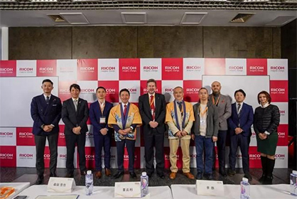 Morita, Miyao and others of the Ricoh Group cut a unified presence through out the launch ceremony and conference. (c) 2019 Ricoh Morita, Miyao and others of the Ricoh Group cut a unified presence through out the launch ceremony and conference. (c) 2019 Ricoh
