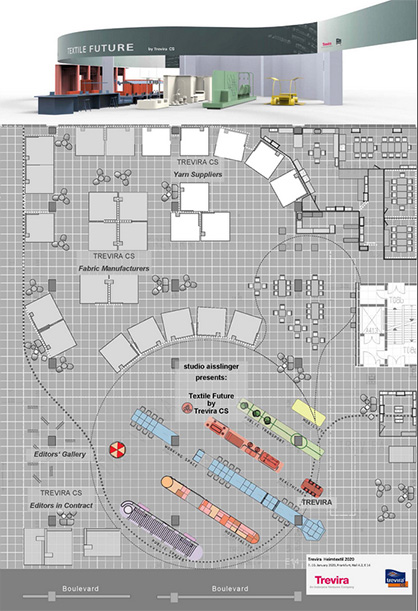 Copyright ©Trevira GmbH | Layout of the Heimtextil 2020 Trevira CS joint booth, including the special showcase “Textile Future by Trevira CS” by studio aisslinger Copyright ©Trevira GmbH | Layout of the Heimtextil 2020 Trevira CS joint booth, including the special showcase “Textile Future by Trevira CS” by studio aisslinger