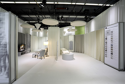 Room acoustics section of the booth at Heimtextil 2018<br />
© Photo: Trevira GmbH Room acoustics section of the booth at Heimtextil 2018<br />
© Photo: Trevira GmbH